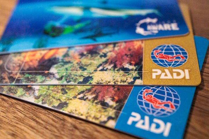 A macro photo of three certification cards from the PADI dive cerfication agency